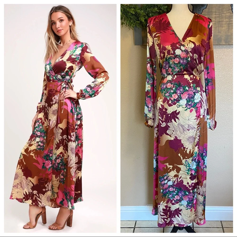 🌿SOLD🌿NWOT Lulus Put on a Smile Burgundy Floral Print Satin Wrap Maxi Dress